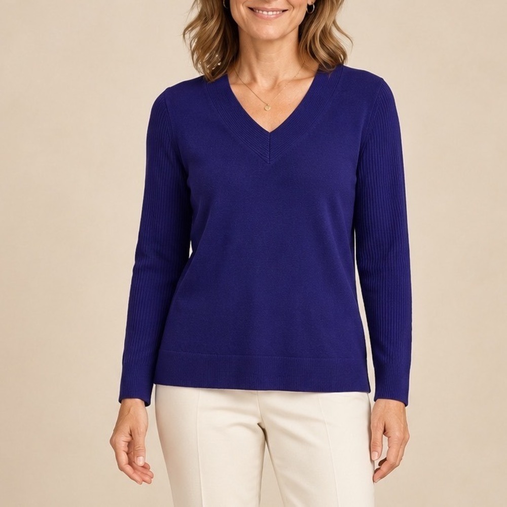 J. Jill V-Neck Sweater Violet Ribbed Long Sleeve Classic Preppy Petite S NEW